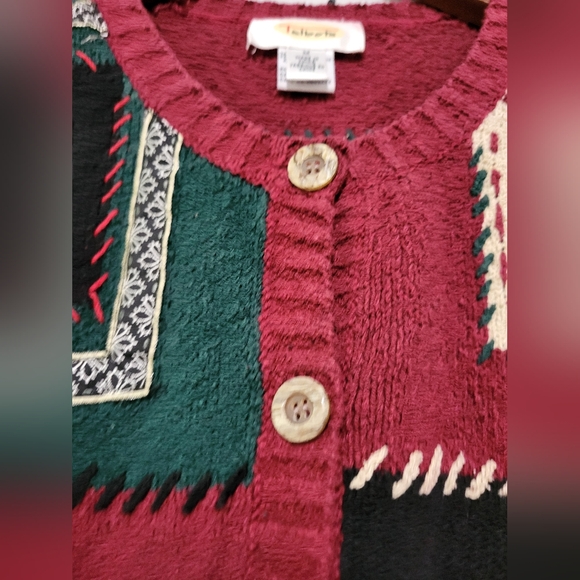 Vintage Talbots Silk Blend Ugly Christmas Sweater Embroidered Patchwork Sz M - Picture 4 of 9